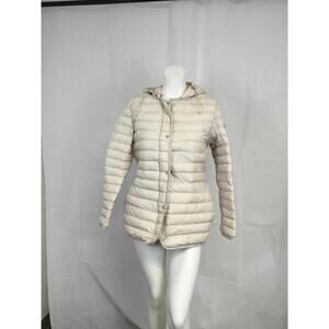 [314] Jacket Womens Size Beige Hooded Belted Puffer Quilted Short Winter